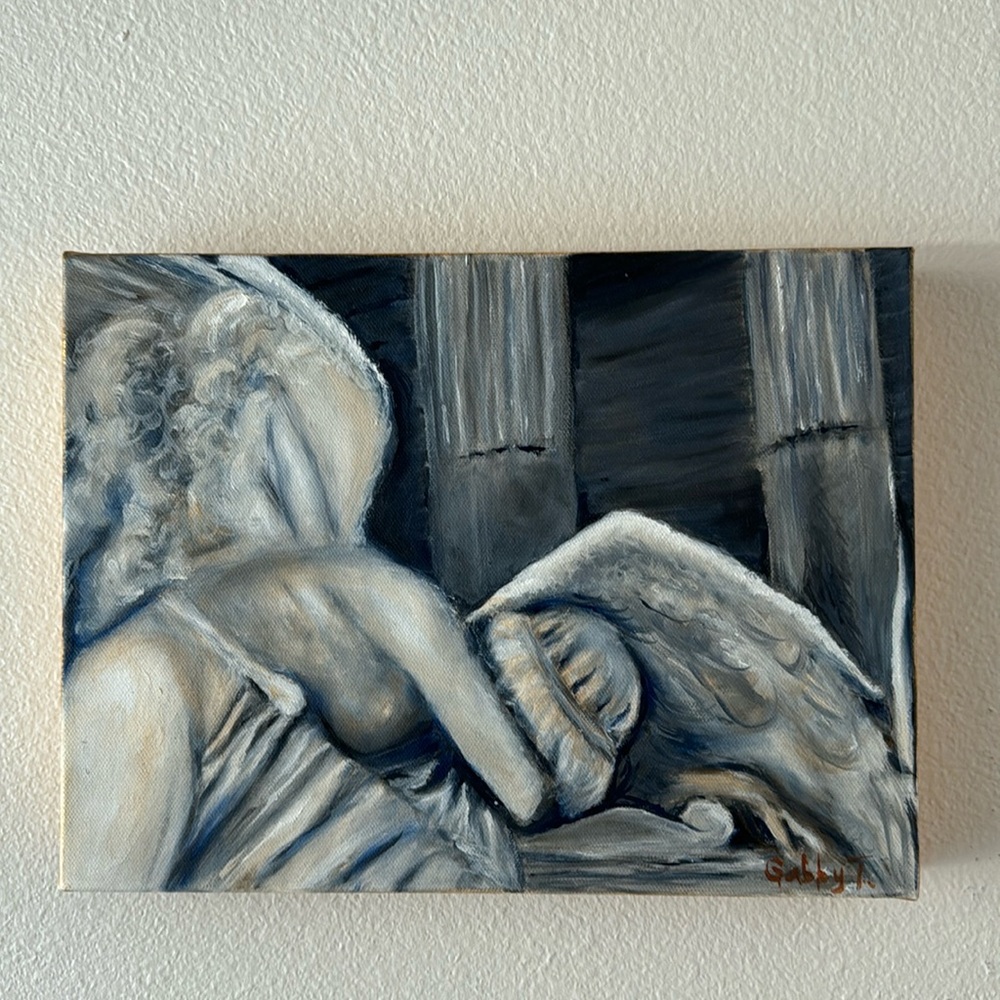 “ Tired Angel”  painting . Hues of blue, white , & gold.